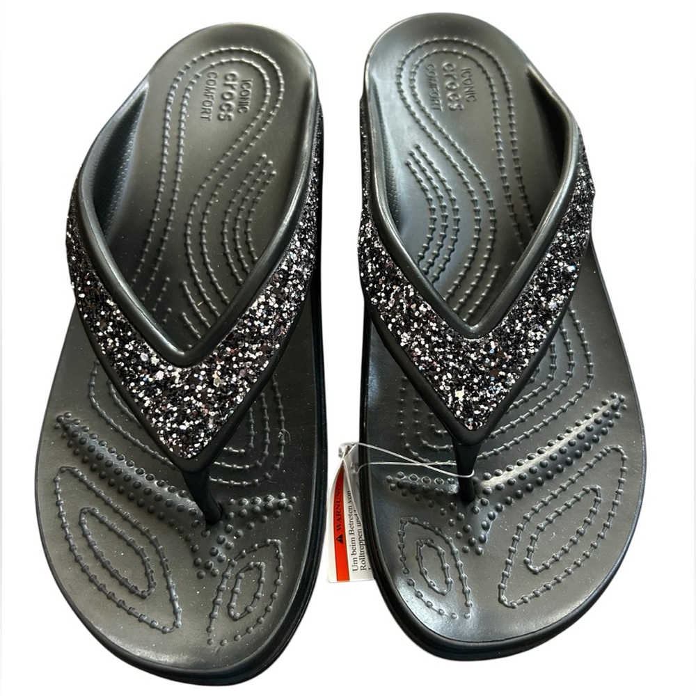 NWT CROCS Black Sloane Glitter Flip Flops SZ 9 - Picture 2 of 2